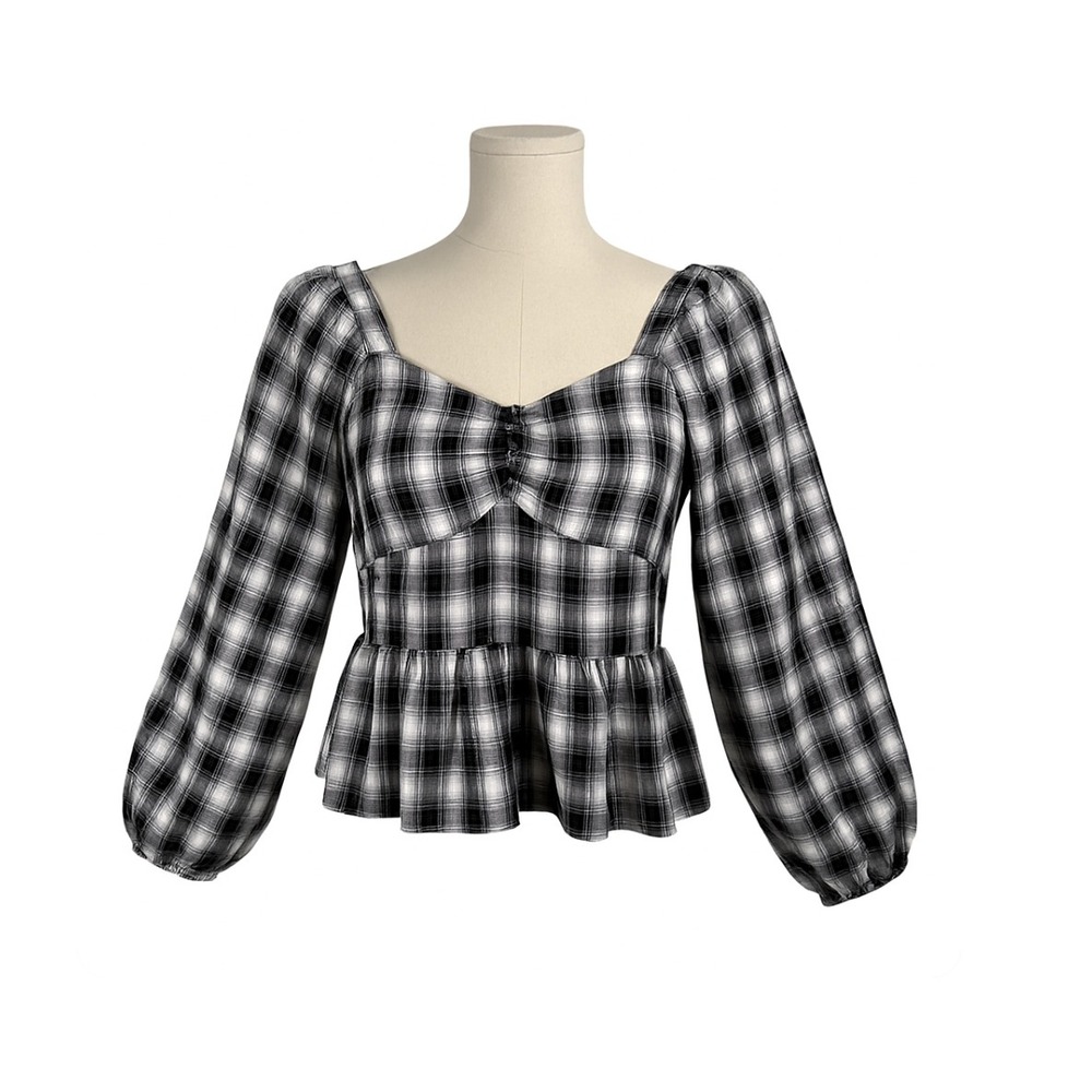 Pleione Plaid Peplum Blouse Square Neck Long Sleeve Western Black White Size M
